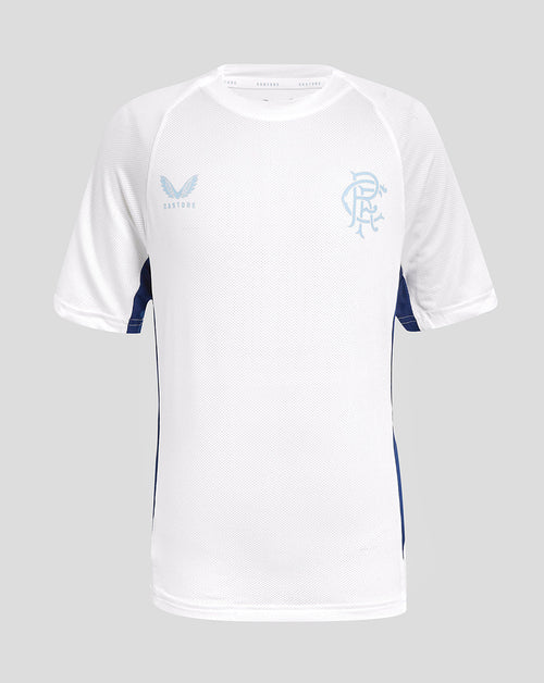 Rangers 24/25 Junior Pro Players Training Short Sleeve Tee white with light blue crest on chest and blue side panels