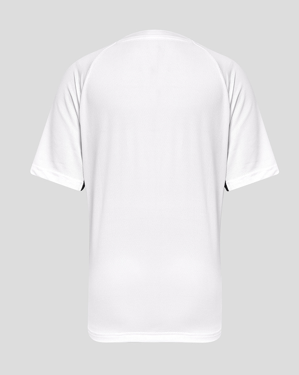 Back view of white mesh Rangers Junior Pro training tee with short sleeves.