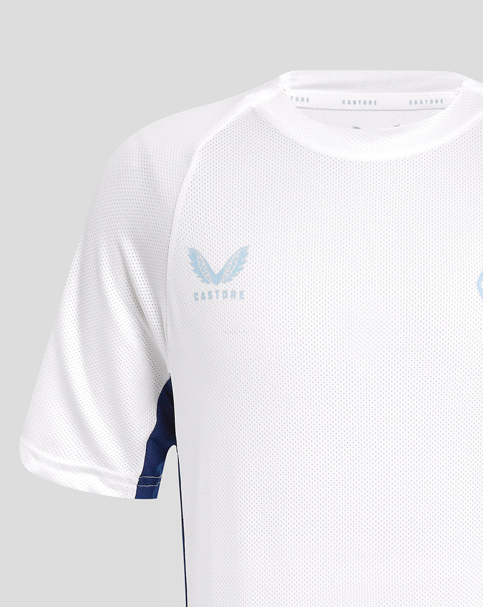 Close up of white Rangers tee with light blue Castore logo on chest and blue side panel.
