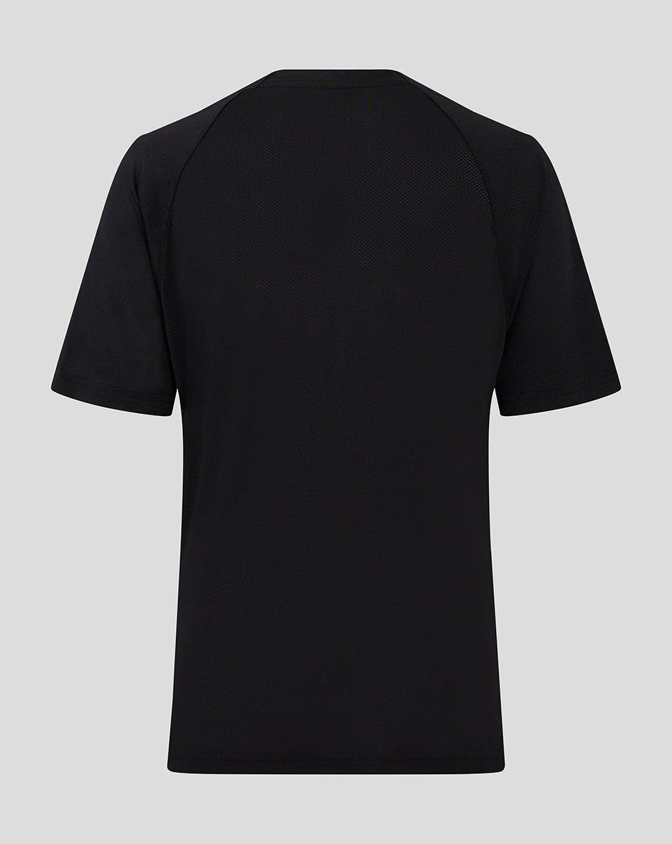 Back view of black Rangers Junior Pro Coaches Training Short Sleeve T shirt showing plain back and raglan sleeves