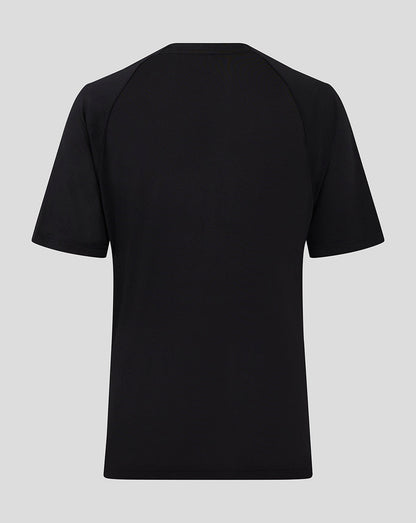 Back view of black Rangers Junior Pro Coaches Training Short Sleeve T shirt showing plain back and raglan sleeves