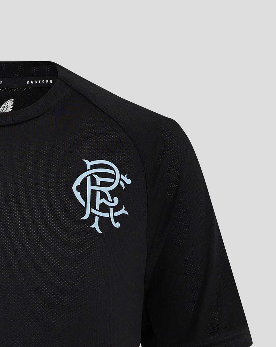 Close up of light blue Rangers club crest on left chest of black Pro Coaches Training T shirt with mesh fabric