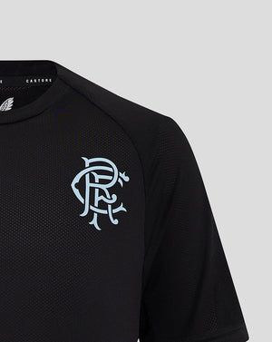 Close up of light blue Rangers club crest on left chest of black Pro Coaches Training T shirt with mesh fabric