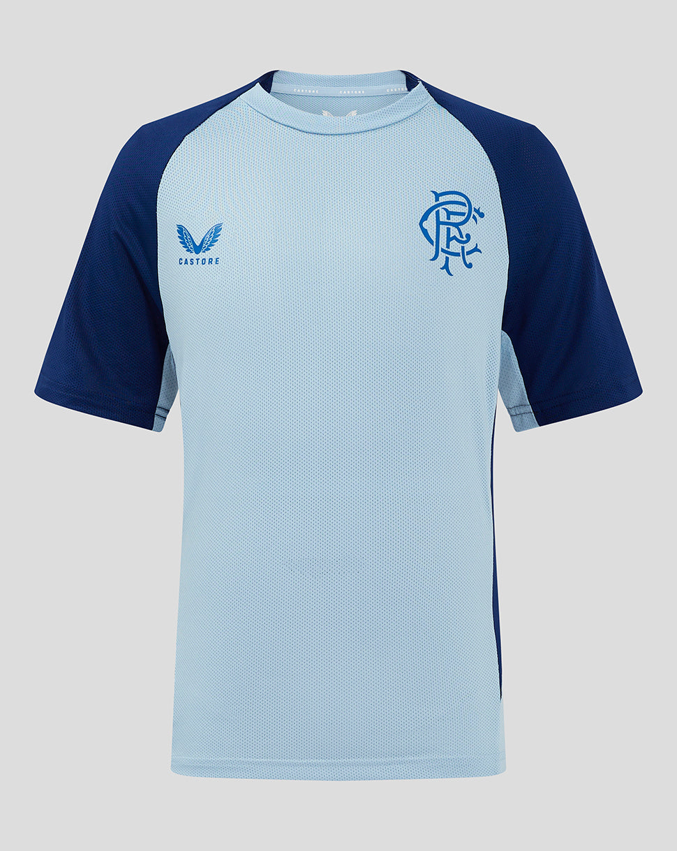 Front view of Junior Rangers 24/25 Pro Players Training Short Sleeve T Shirt in light blue with navy sleeves and club crest