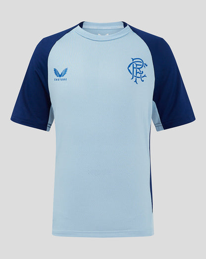 Front view of Junior Rangers 24/25 Pro Players Training Short Sleeve T Shirt in light blue with navy sleeves and club crest