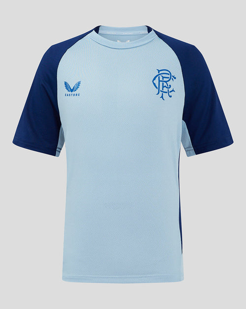 Front view of Junior Rangers 24/25 Pro Players Training Short Sleeve T Shirt in light blue with navy sleeves and club crest