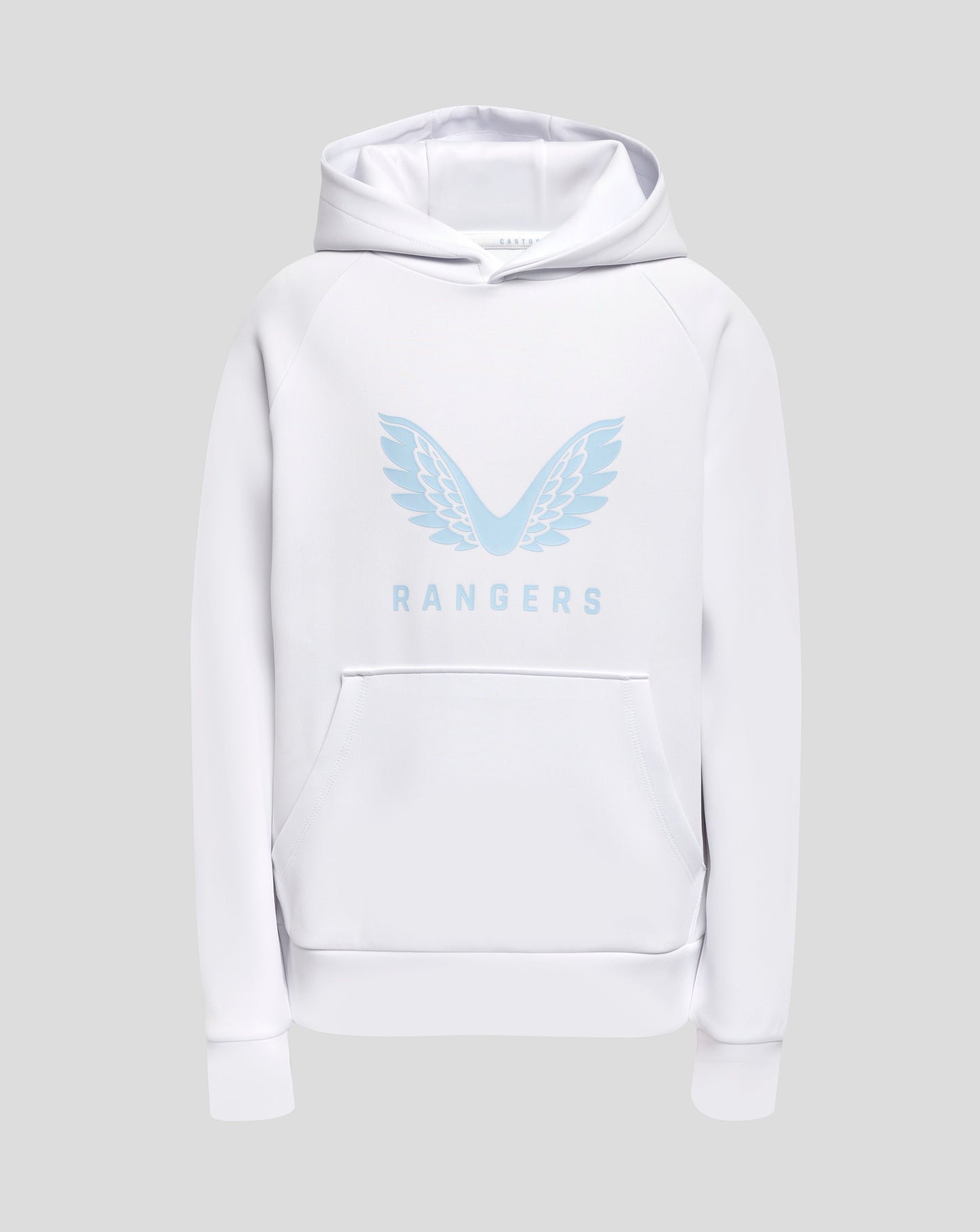 White hooded sweatshirt with pale blue wing crest and RANGERS lettering on the chest
