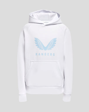 White hooded sweatshirt with pale blue wing crest and RANGERS lettering on the chest