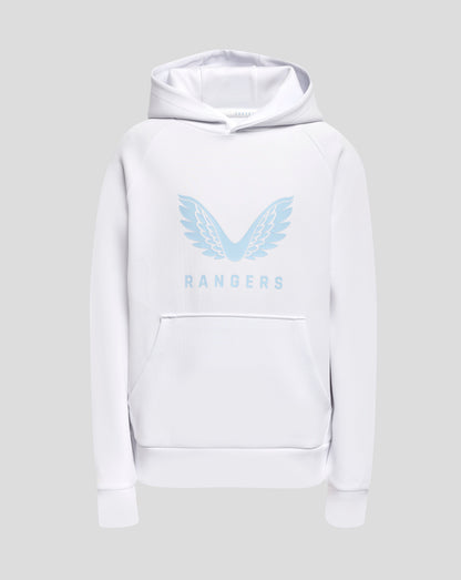 White hooded sweatshirt with pale blue wing crest and RANGERS lettering on the chest