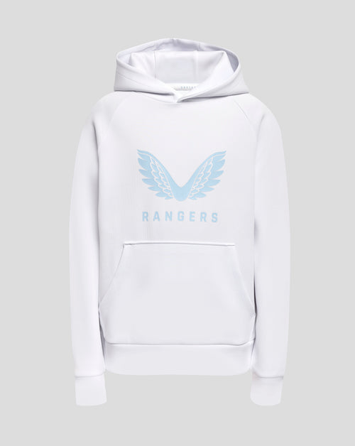 White hooded sweatshirt with pale blue wing crest and RANGERS lettering on the chest