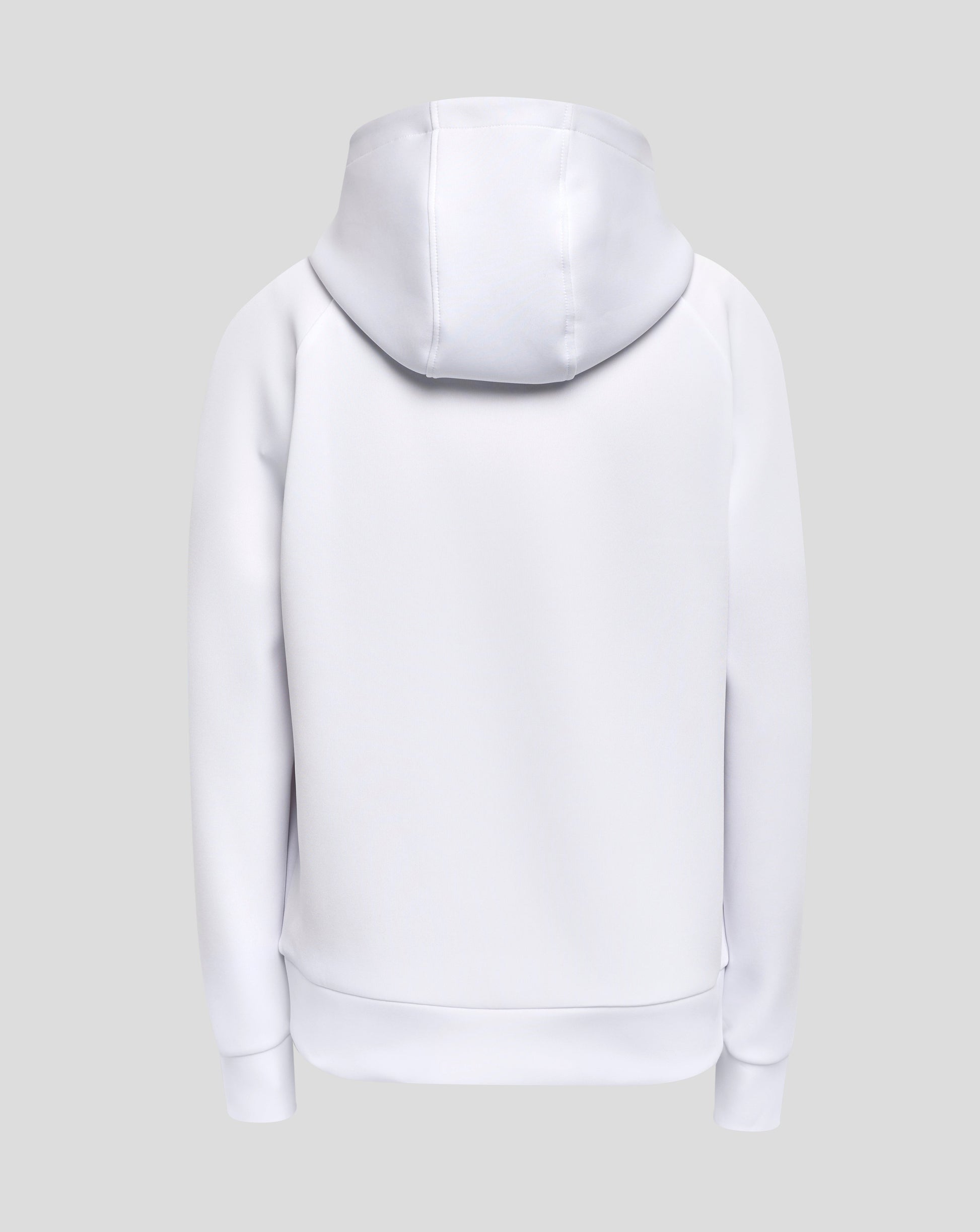 Back view of a white hooded sweatshirt with the hood up.