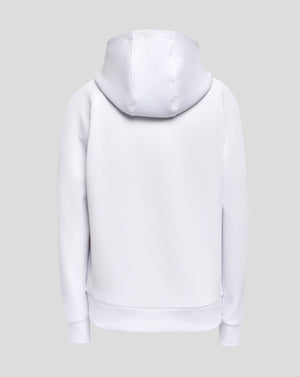 Back view of a white hooded sweatshirt with the hood up.