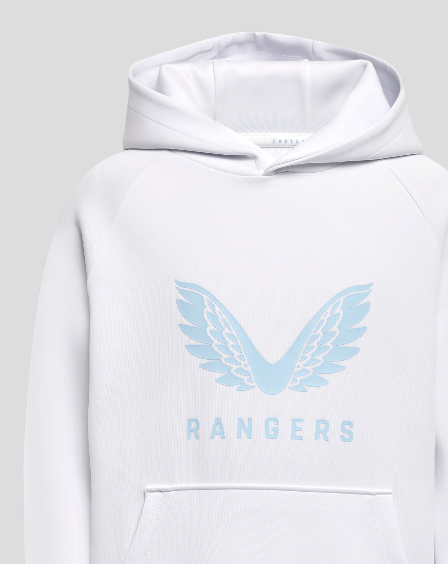 Front view of a white hoodie with pale blue wings logo on the chest and Rangers lettering along the lower front.