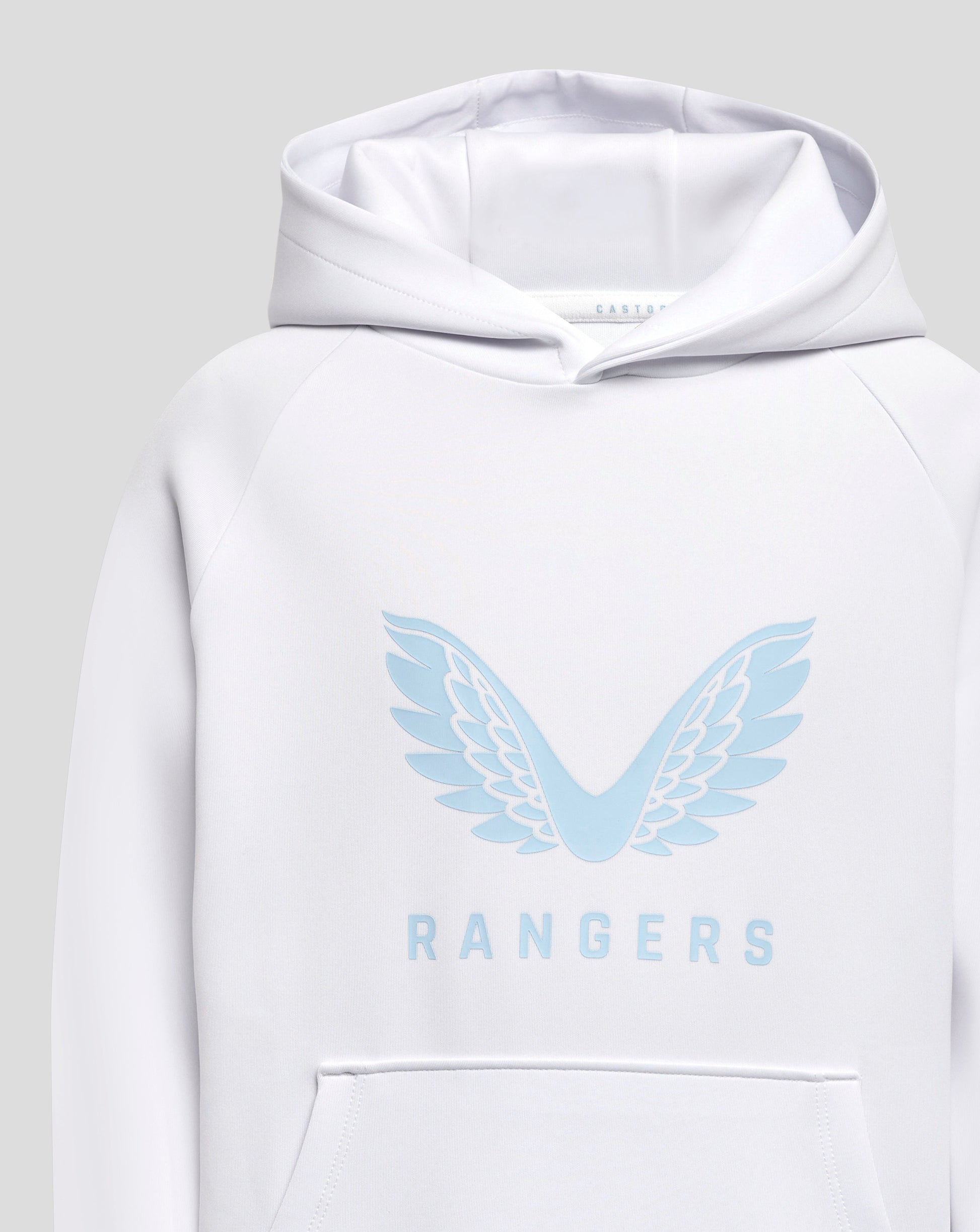 Front view of a white hoodie with pale blue wings logo on the chest and Rangers lettering along the lower front.