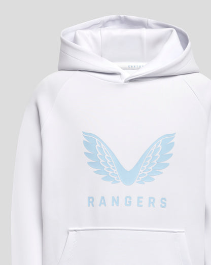 Front view of a white hoodie with pale blue wings logo on the chest and Rangers lettering along the lower front.