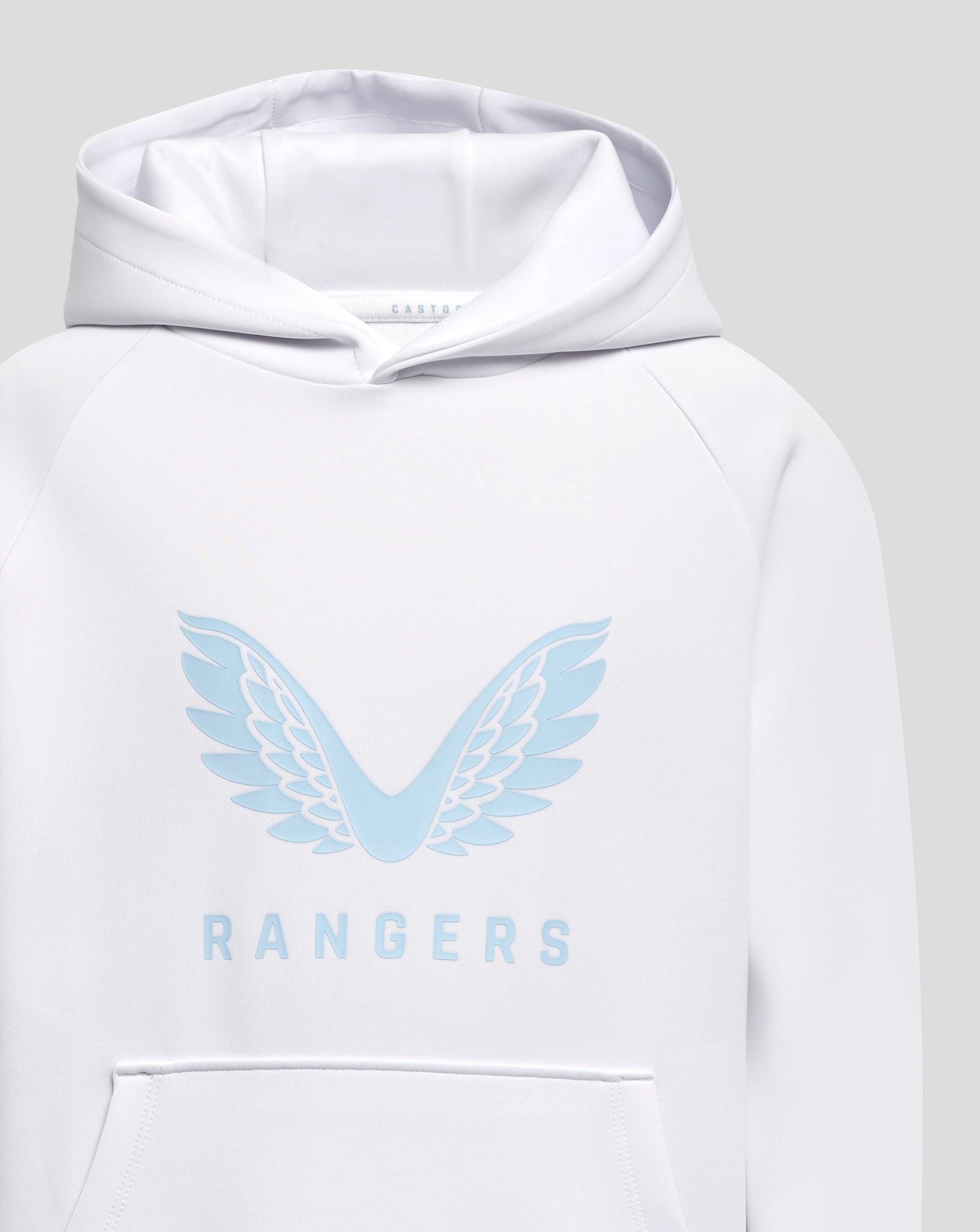 Close-up of the white hoodie hood with an interior label and pale blue wing graphic across the chest.
