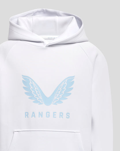 Close-up of the white hoodie hood with an interior label and pale blue wing graphic across the chest.