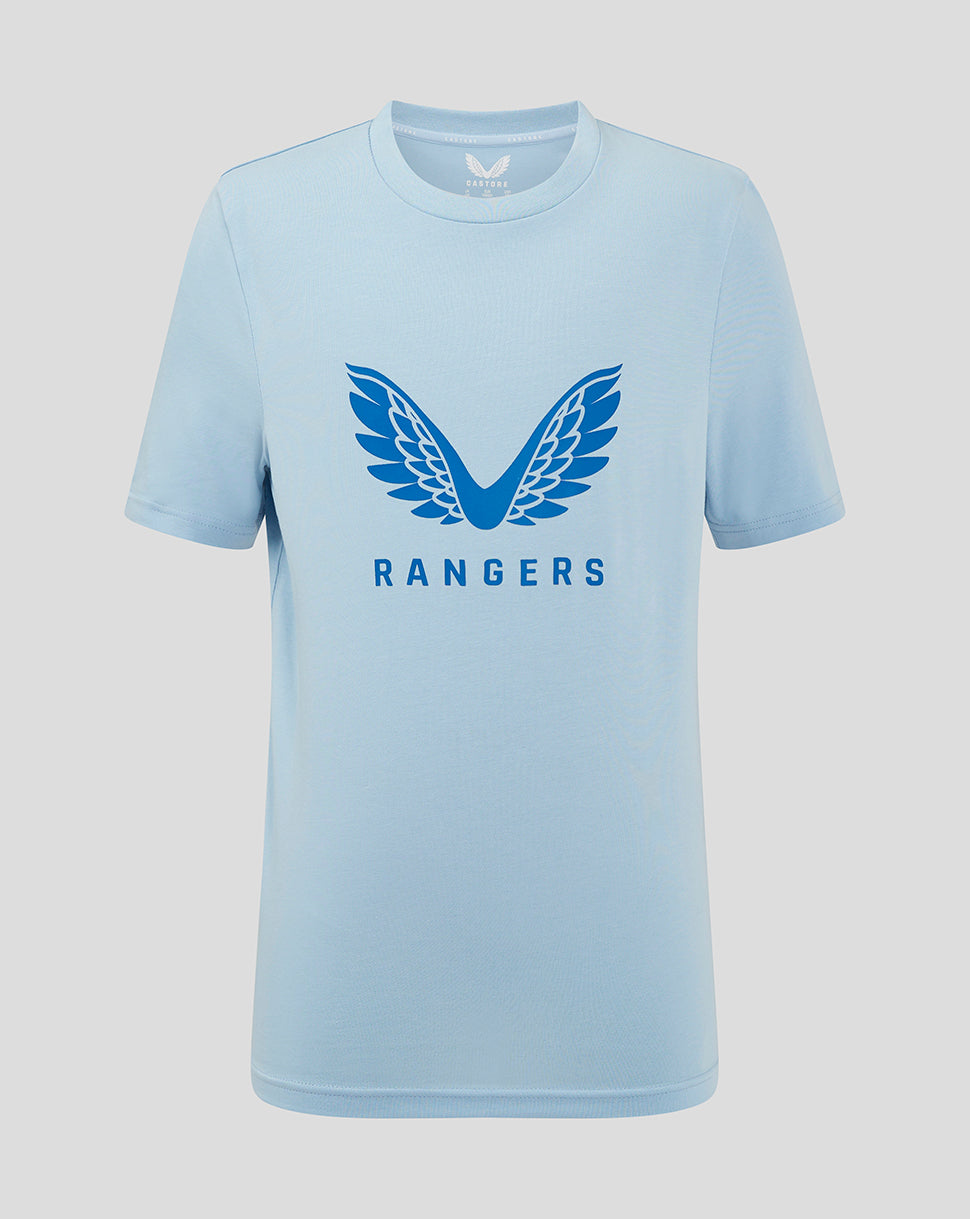 Light blue Rangers Junior Pro Players Logo T shirt with a large blue wing emblem on the chest
