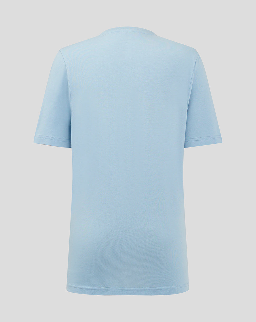 Back view of light blue Rangers Junior Pro Players Logo T Shirt with crew neck.