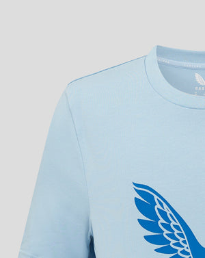 Close-up of a light blue Rangers Pro Players Logo T shirt showing a partial blue wing graphic on the chest