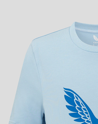 Close-up of a light blue Rangers Pro Players Logo T shirt showing a partial blue wing graphic on the chest