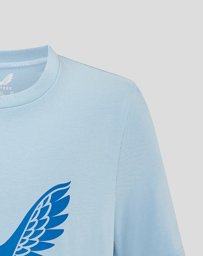 Close-up of light blue Rangers Junior Pro Players Logo T Shirt with blue wing crest on the front.