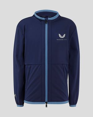 Junior navy Rangers FC Travel Softshell Jacket with funnel neck collar full front zip and light blue trim