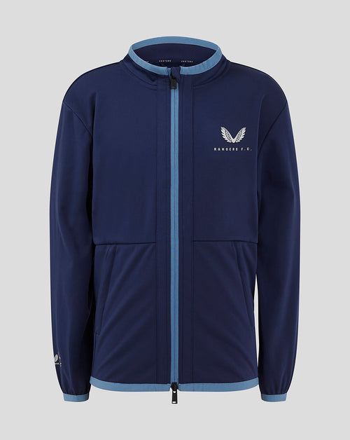 Junior navy Rangers FC Travel Softshell Jacket with funnel neck collar full front zip and light blue trim