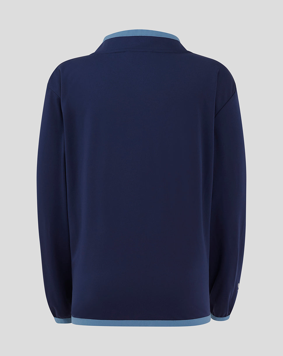 Back view of a navy Rangers Junior Travel Softshell Jacket showing light blue trim at the collar and hem.