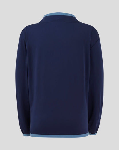 Back view of a navy Rangers Junior Travel Softshell Jacket showing light blue trim at the collar and hem.