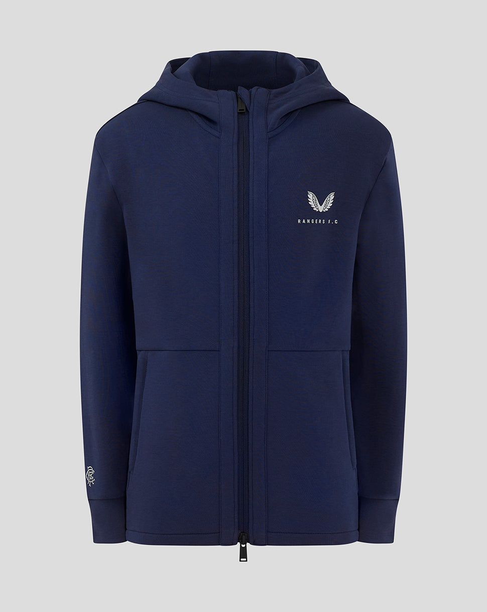 Front view of navy Rangers Junior Hooded Travel Jacket with hood and Rangers crest on chest.