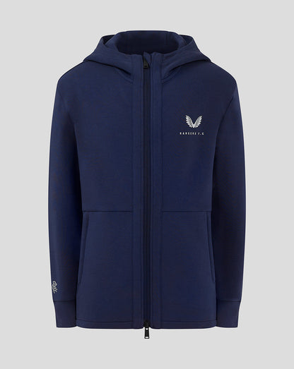 Front view of navy Rangers Junior Hooded Travel Jacket with hood and Rangers crest on chest.