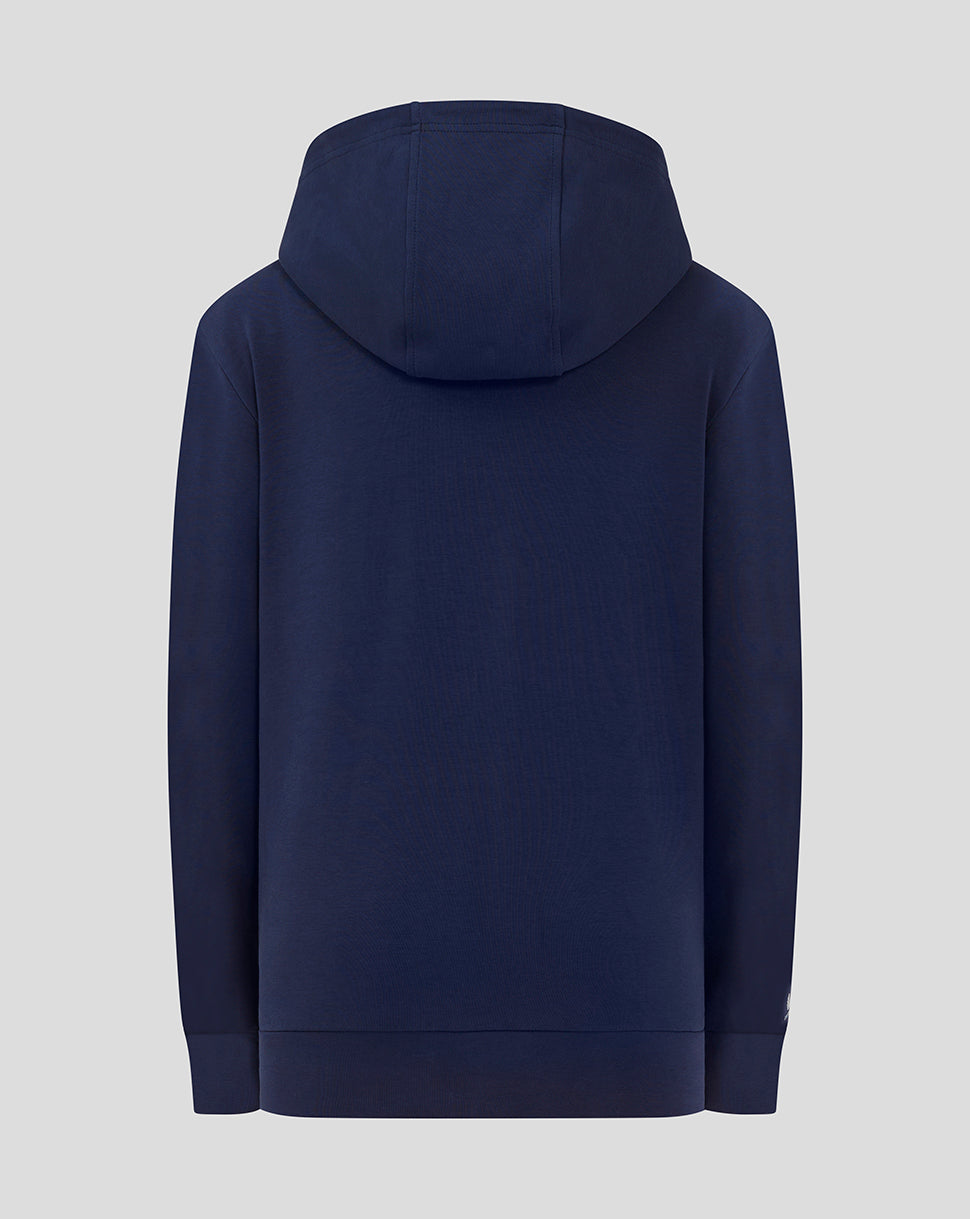Back view of navy Rangers FC hooded travel jacket with attached hood and clean panel lines