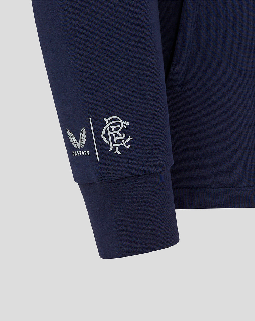 Navy Rangers FC hooded travel jacket sleeve detail with Castore branding and club crest