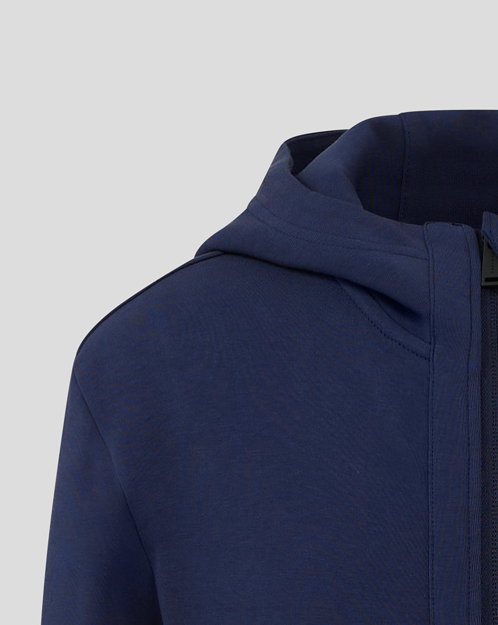 Close-up of navy Rangers FC junior hooded travel jacket showing the hood and front zip