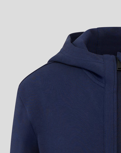 Close-up of navy Rangers FC junior hooded travel jacket showing the hood and front zip
