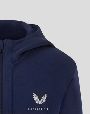 Close-up of navy Rangers FC hooded travel jacket showing left chest winged crest and hood