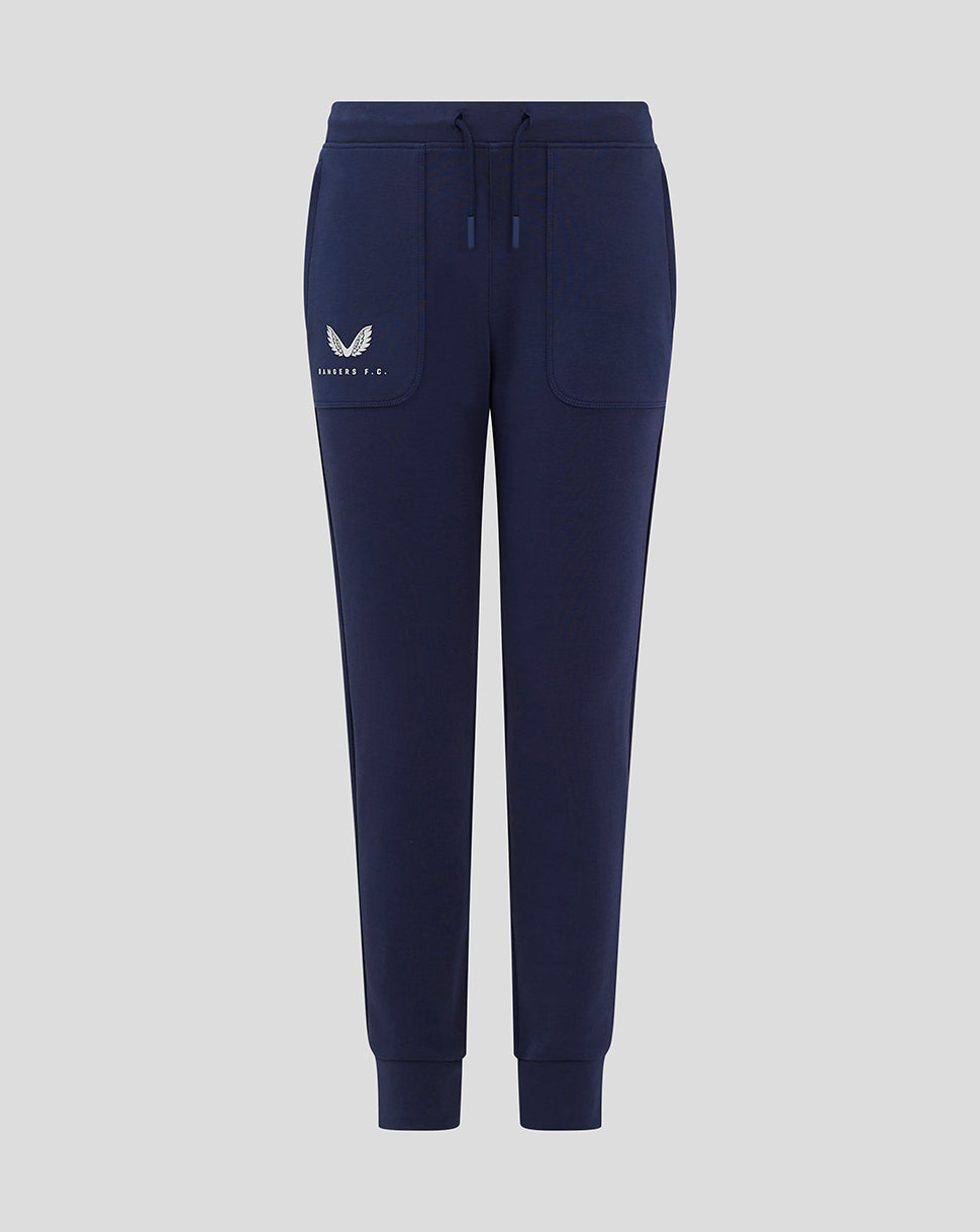 Front view of navy Rangers FC junior travel pants with drawcord waist and left pocket logo