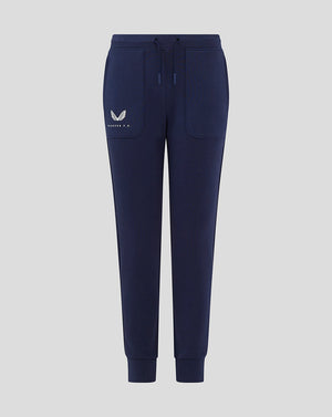 Front view of navy Rangers FC junior travel pants with drawcord waist and left pocket logo