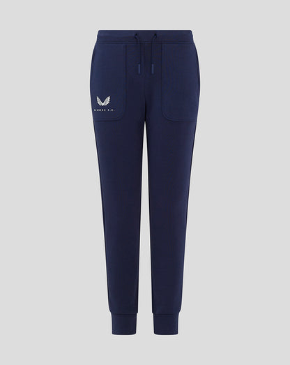 Front view of navy Rangers FC junior travel pants with drawcord waist and left pocket logo
