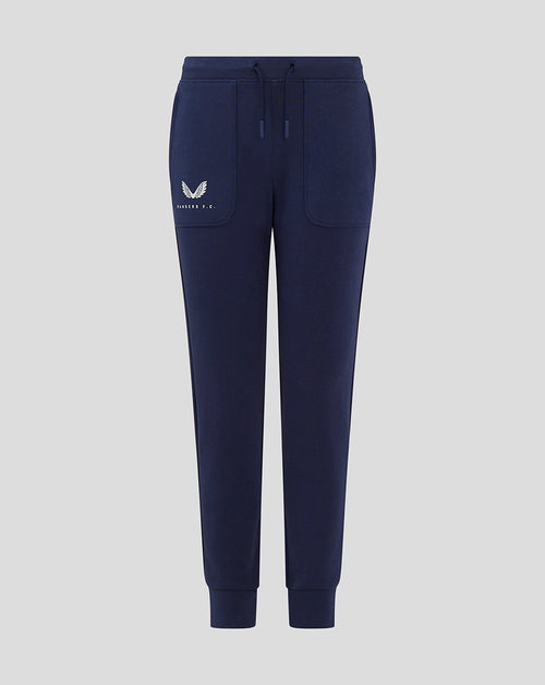 Front view of navy Rangers FC junior travel pants with drawcord waist and left pocket logo