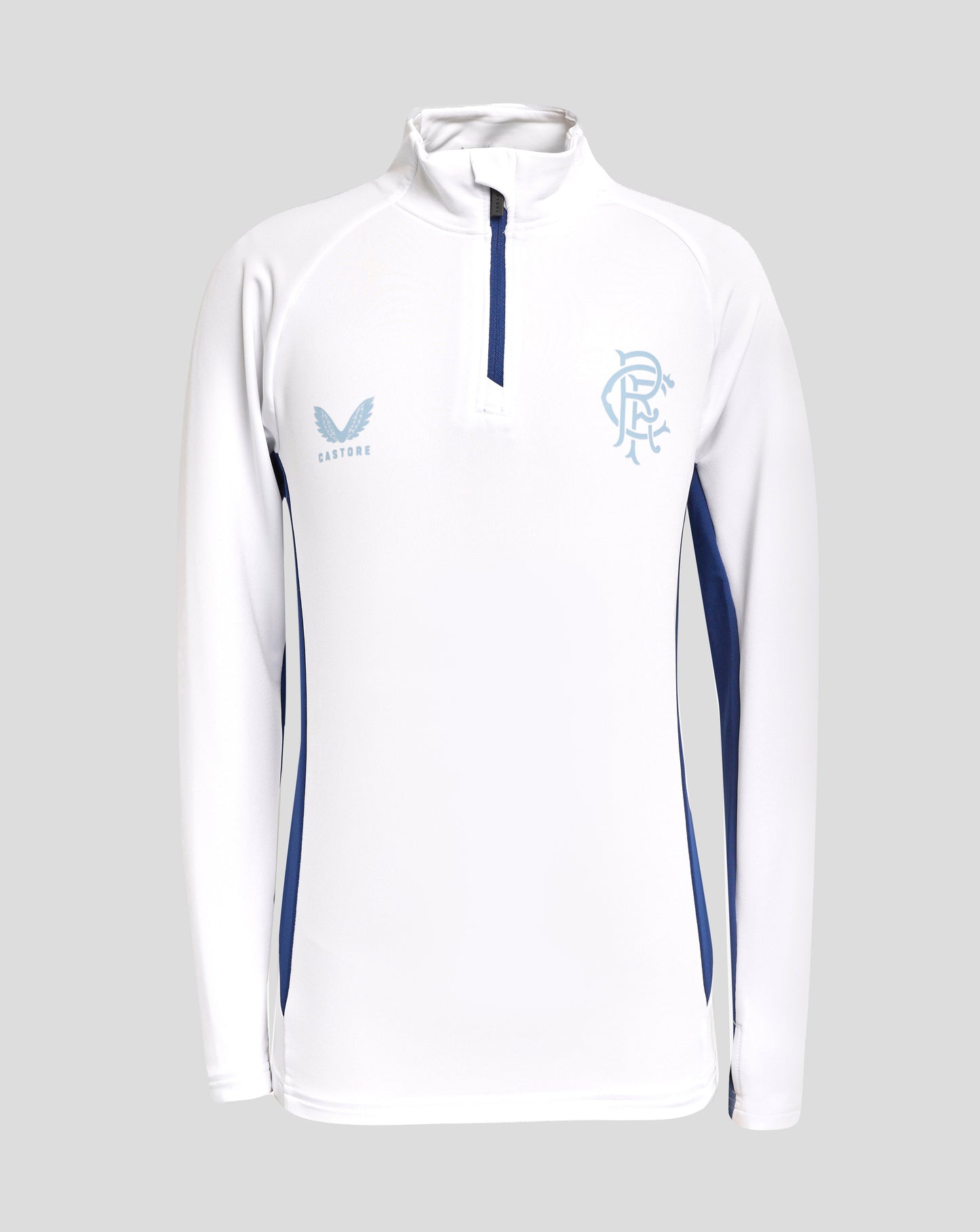 Front view of white Rangers 24/25 Junior Pro 1/4 zip top with navy zipper and light blue club crest on chest