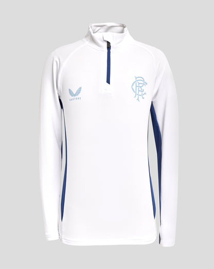 Front view of white Rangers 24/25 Junior Pro 1/4 zip top with navy zipper and light blue club crest on chest