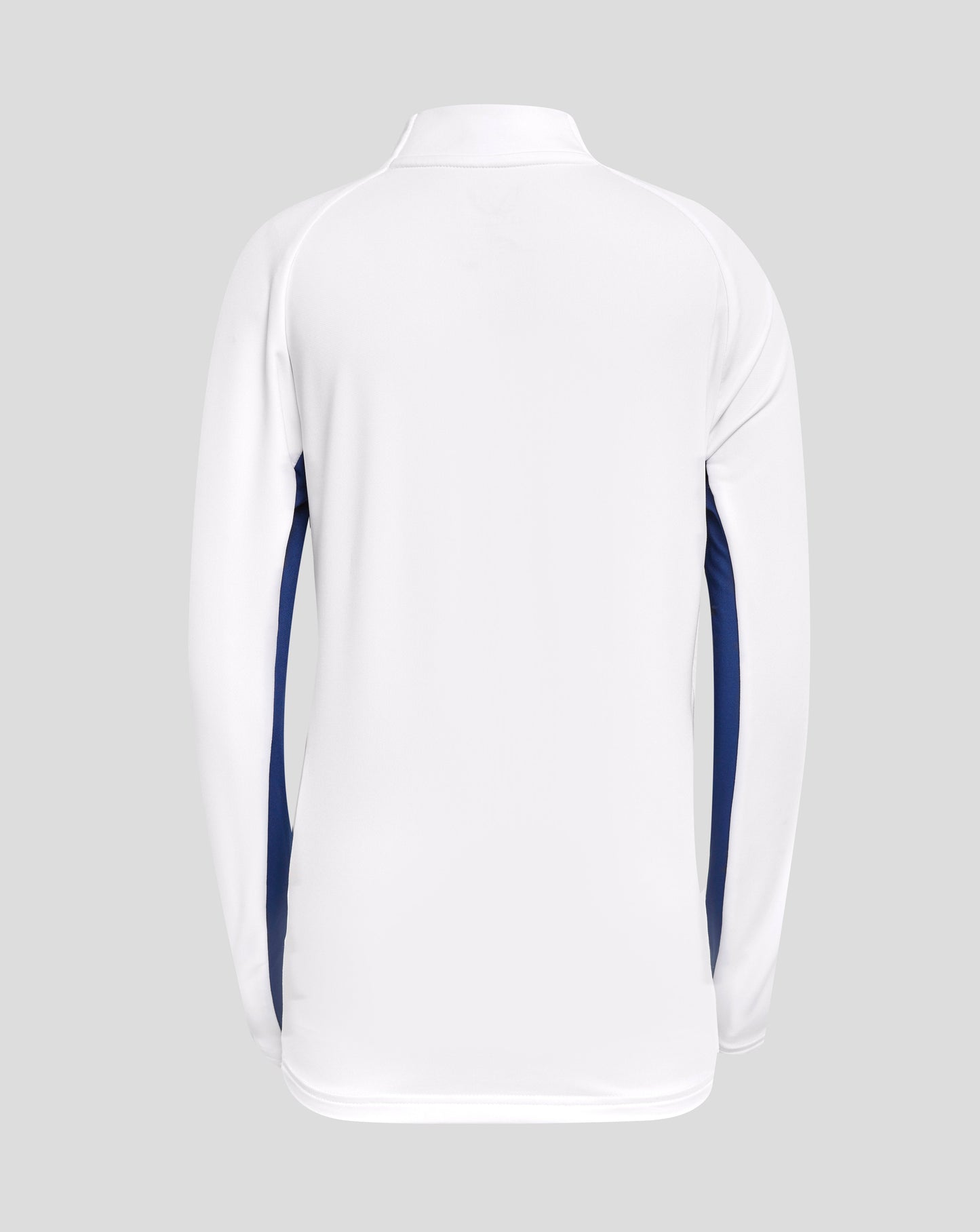 Back view of white Rangers 24/25 Junior Pro 1/4 zip top showing subtle blue side piping