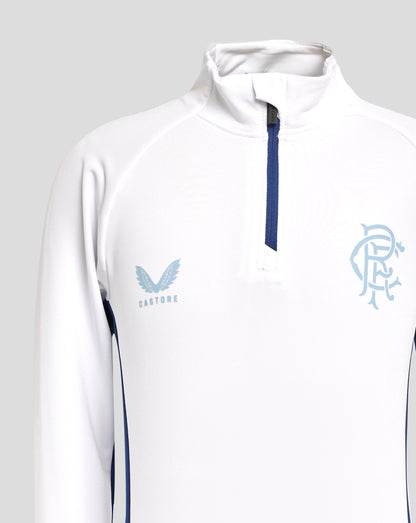 Close up of white quarter zip top showing collar blue zipper and crest on chest