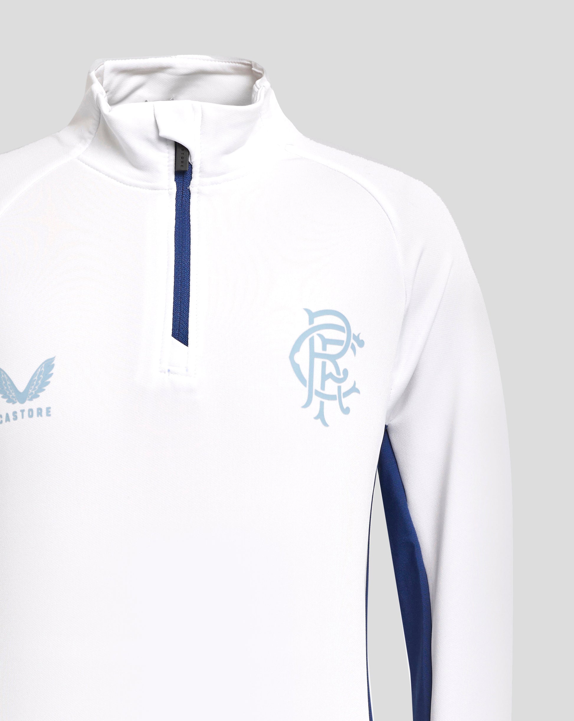 White quarter zip top with blue zipper and light blue crest on the chest