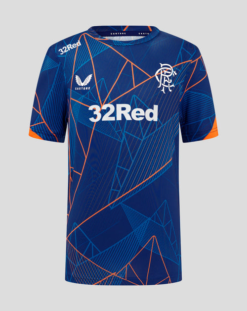 Navy Rangers league matchday T shirt with orange geometric print round neck, 32Red sponsor across the chest and Rangers crest