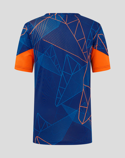 Back view of Rangers League Matchday T Shirt showing blue geometric pattern with orange lines and orange sleeve cuffs