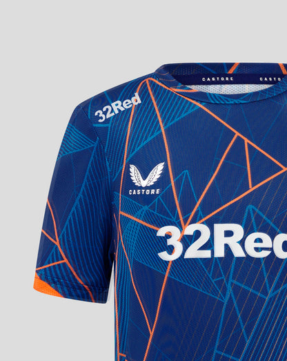 Close up of Rangers League Matchday T Shirt front with blue orange geometric print and 32Red sponsor across chest