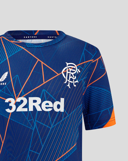 Close up of Rangers League Matchday T Shirt in blue with orange geometric lines and left chest crest
